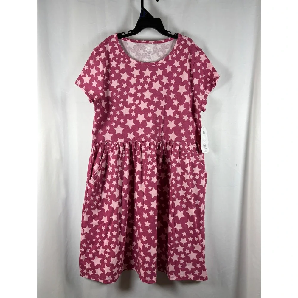 Wonder Nation Girls Plus Size 10-12 Rose Mum Pink Star Print SS Play Dress NWT